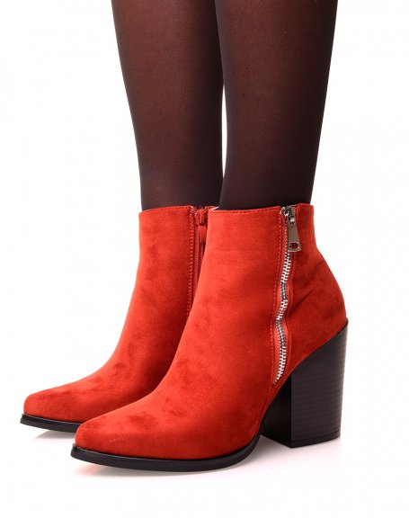 Rust ankle boot with suede-effect heel with zip