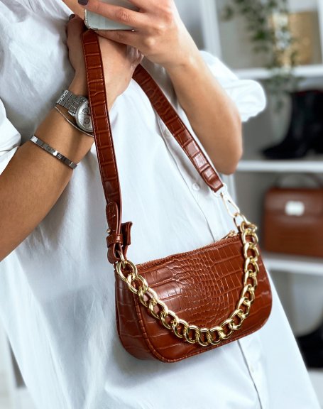 Rust croc-effect handbag with golden chain