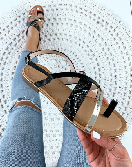 Sandals with multiple interlocking black gold straps and python effect