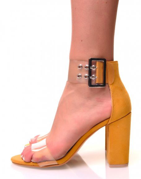 Sandals with square heels in yellow suede and transparent straps