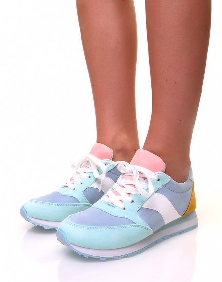 Shades of blue, pink and mustard lace-up sneakers
