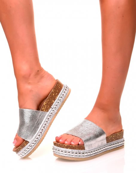 Shiny Silver Wedge Mules