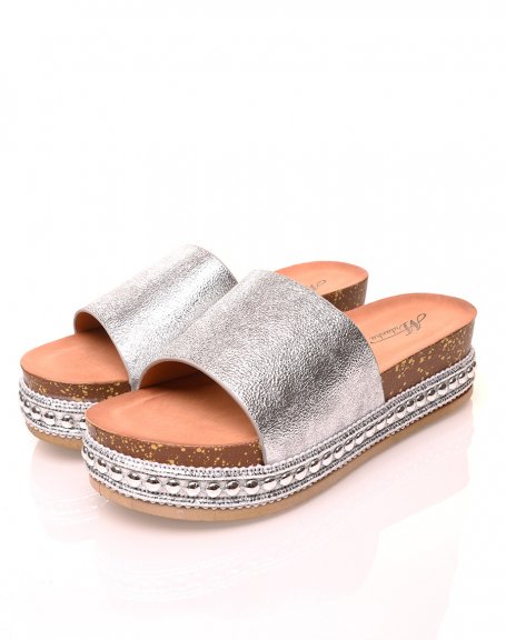 Shiny Silver Wedge Mules