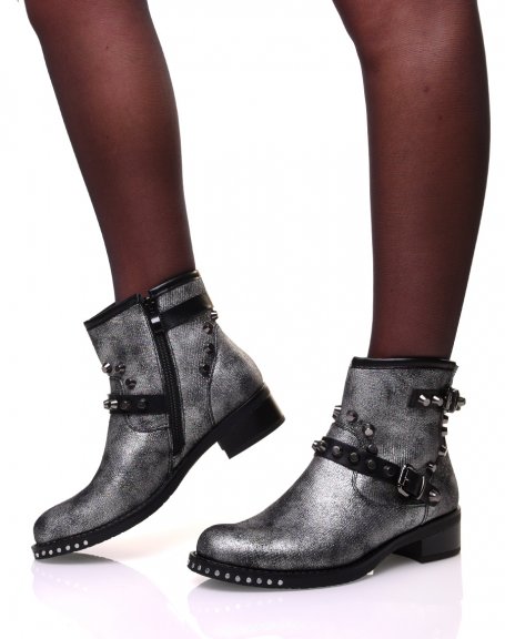 Silver ankle boots with straps adorned with studs