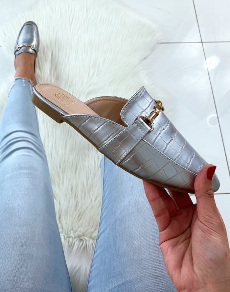 Silver croco moccasin-style mules with straps