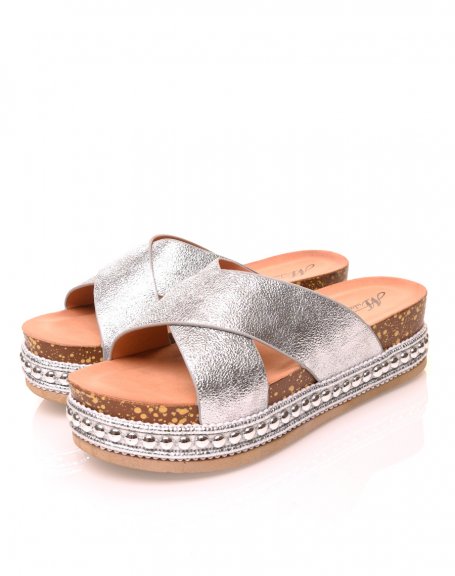 Silver double strap mules