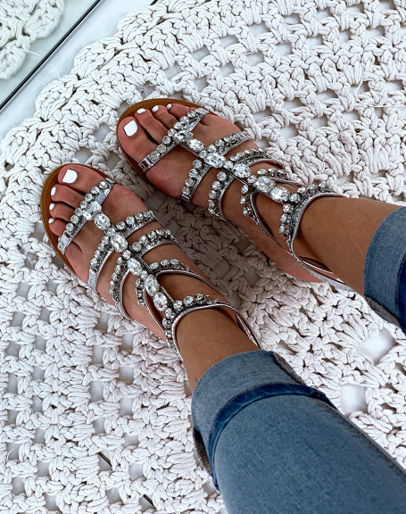 Silver high-top sandals with fancy jewels