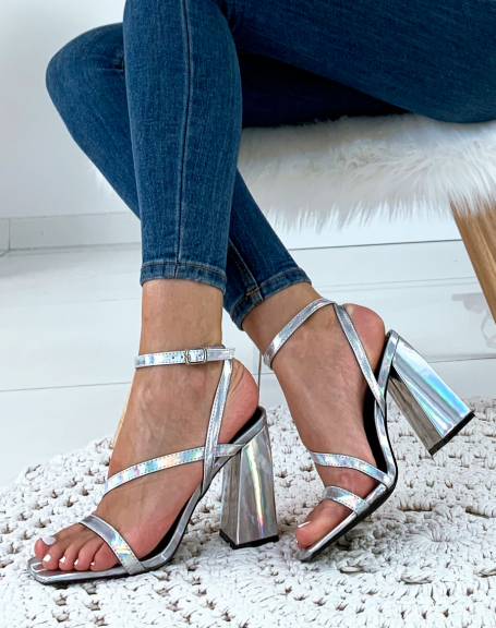 Silver Holographic Effect Multi-Strap Heeled Sandals
