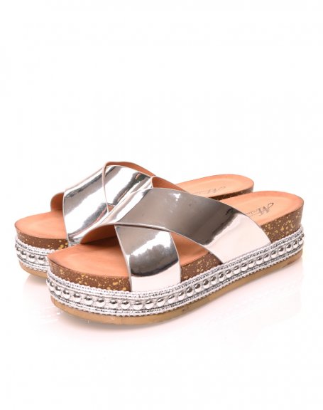 Silver mules with double varnished straps