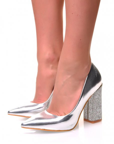 Silver rhinestone block-heel pumps