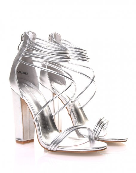 Silver sandals with multiple thin straps