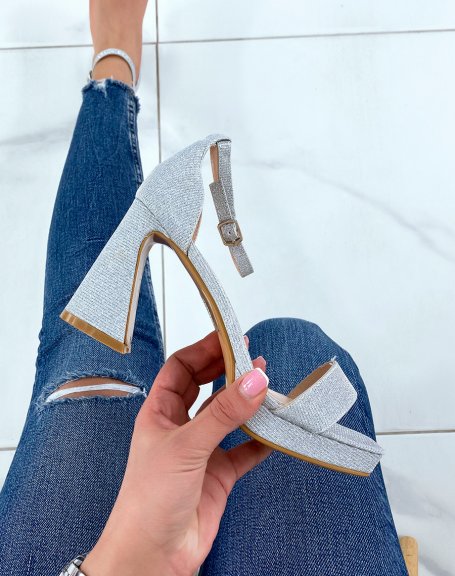 Silver sequin sandals with beveled heel