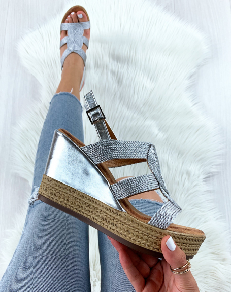Silver wedges with multiple braided straps and bi-material heels