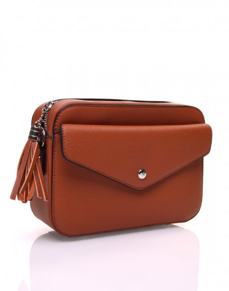 Small camel textured shoulder bag with tassel closure