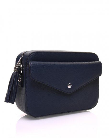 Small navy blue textured shoulder bag with tassel closure