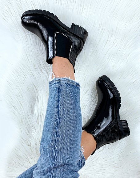 Smooth black patent croc-effect ankle boots with studs