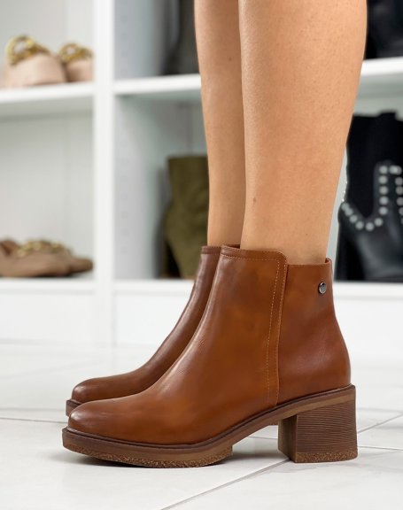 Smooth camel ankle boots with a small heel