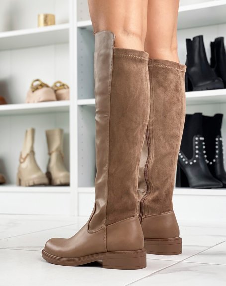 Smooth dark brown flat suedecloth boots