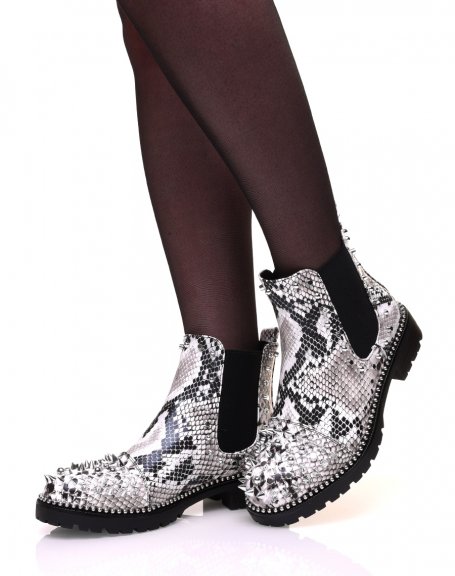 Snake ankle boots with beaded sole and stud details
