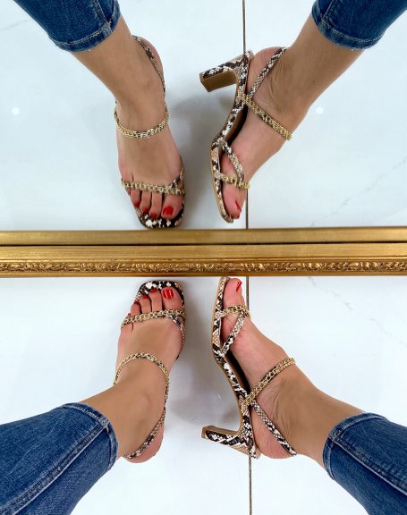 Snake print sandal with strap and gold chains