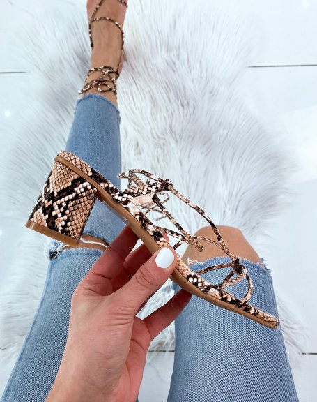 Snake sandals with low heel and multiple straps