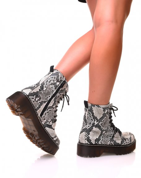 Snakeskin-effect platform ankle boots