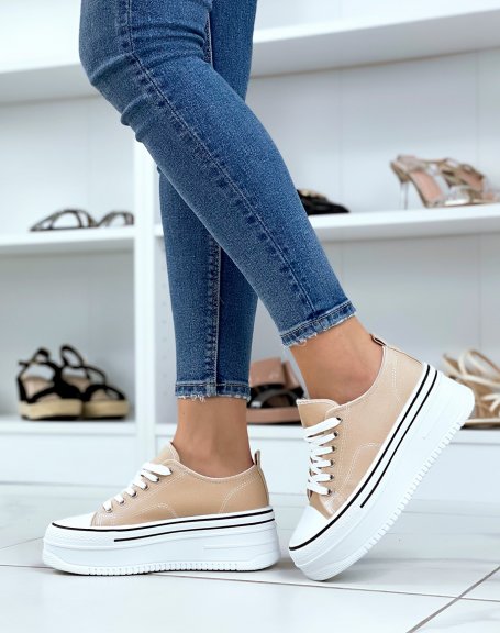 Sneakers in beige fabric and thick sole