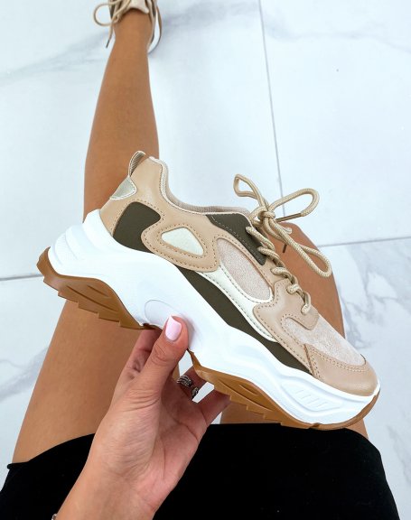 Sneakers with multiple brown, white and gold panels