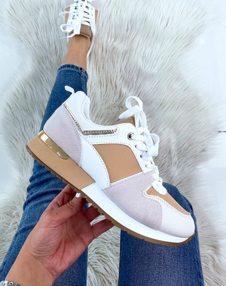Sneakers with multiple yokes in beige tones and gold details