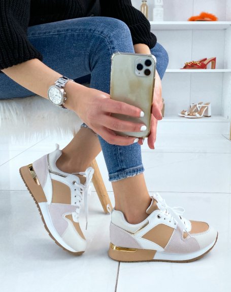 Sneakers with multiple yokes in beige tones and gold details