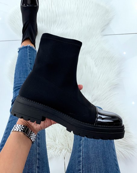 Sock-effect black fabric ankle boots