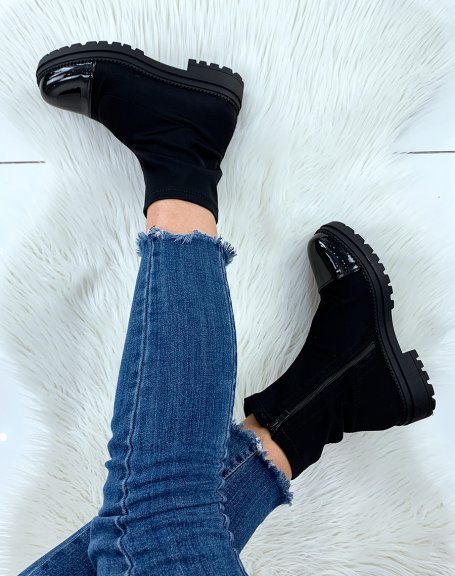 Sock-effect black fabric ankle boots