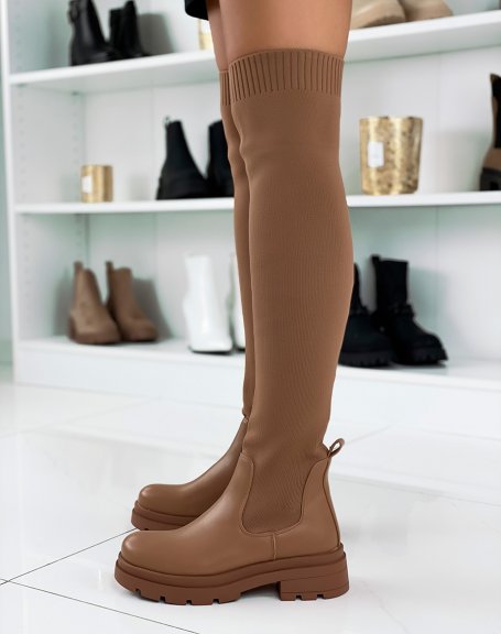 Sock-effect capuccino thigh-high boots