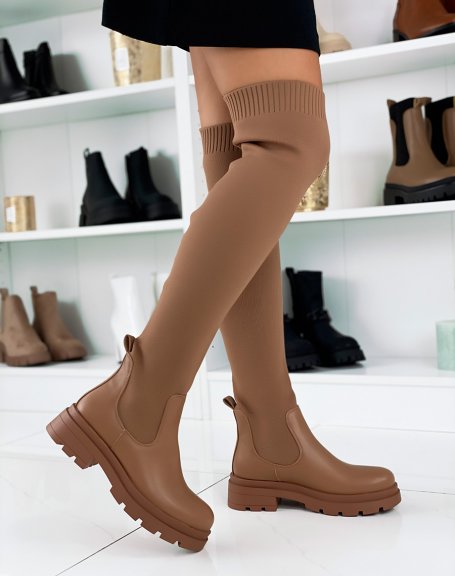 Sock-effect capuccino thigh-high boots