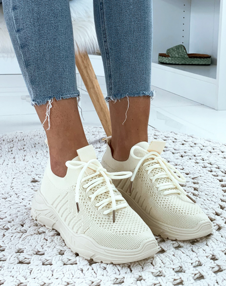 Soft beige breathable sock-effect sneakers