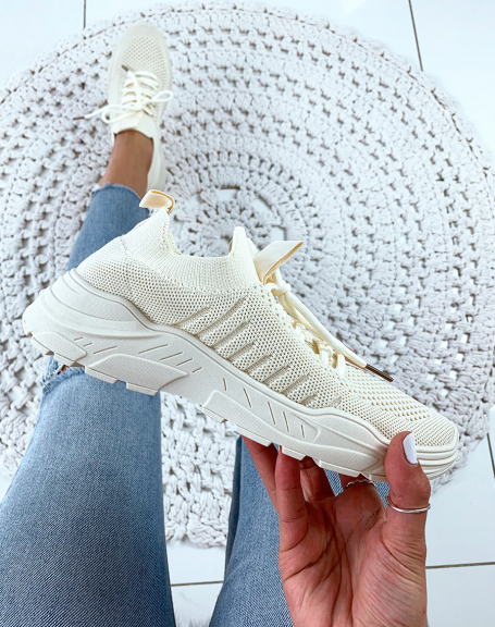Soft beige breathable sock-effect sneakers