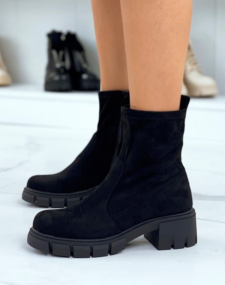 Soft black suedette ankle boots with notched heel