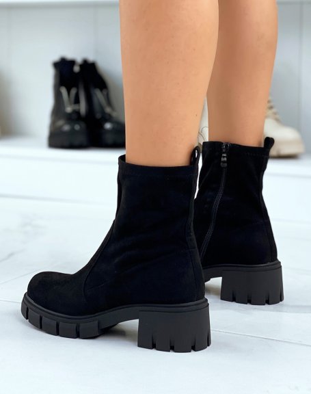 Soft black suedette ankle boots with notched heel