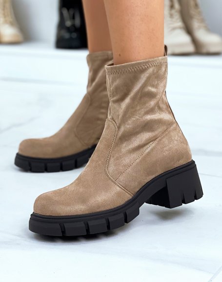 Soft brown suedette ankle boots with notched heel