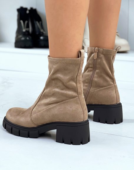 Soft brown suedette ankle boots with notched heel