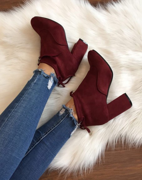 Soft burgundy suede ankle boots with high heels