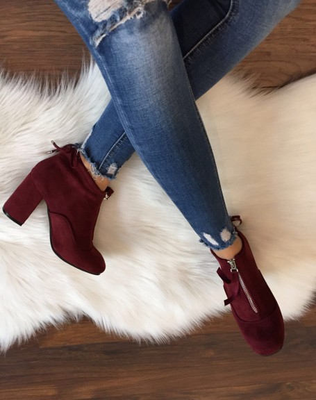 Soft burgundy suede ankle boots with high heels