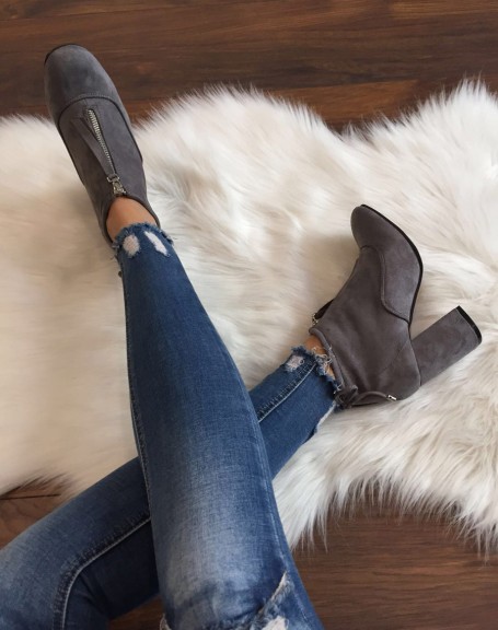 Soft gray suedette ankle boots with high heels