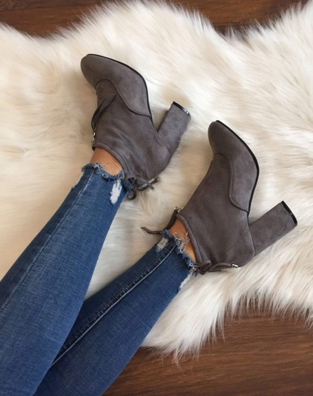 Soft gray suedette ankle boots with high heels