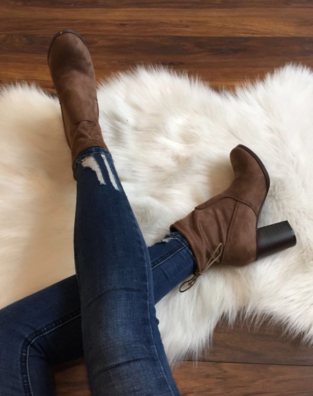 Soft taupe suede ankle boots with heels