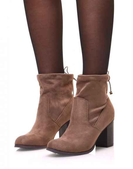 Soft taupe suede ankle boots with heels