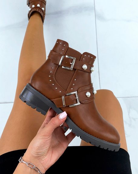 Studded and beaded camel low ankle boots
