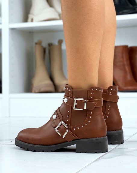 Studded and beaded camel low ankle boots