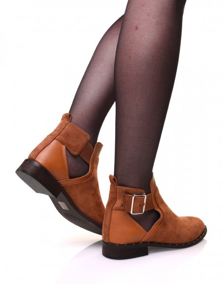 Studded bi-material camel ankle boots