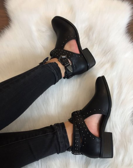 Studded openwork flat black ankle boots